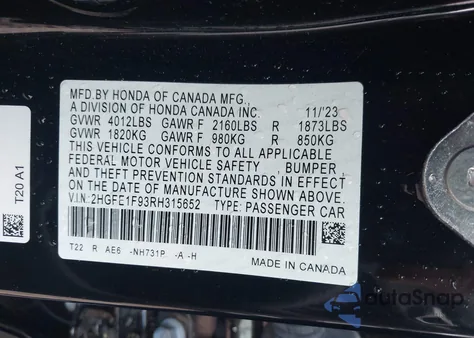 2024 Honda Civic Touring from USA, damaged, VIN 2HGFE1F93RH315652